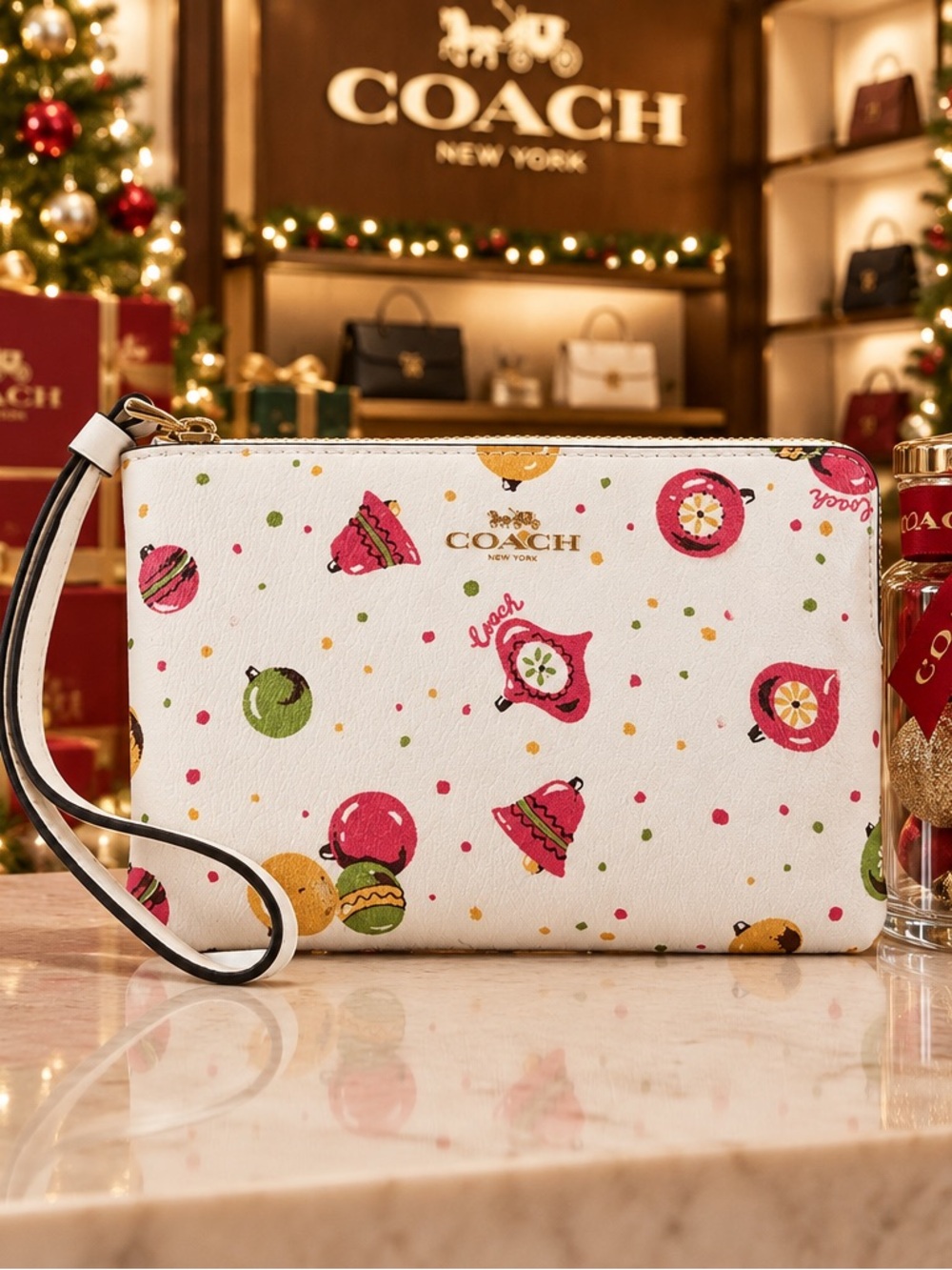 🍒Coach Ornament Holiday Christmas Print Corner Zip Wristlet C7406 🍒